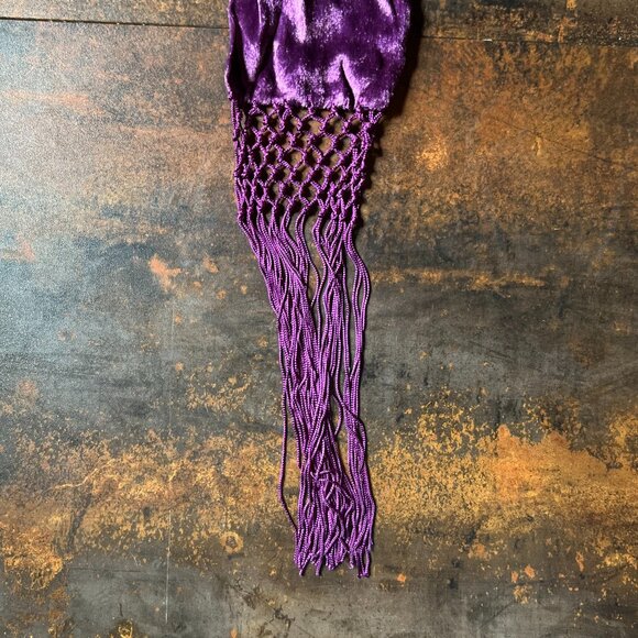 Purple Crushed Velvet Scarf with Macrame Fringe, 85" x 5.5" - Picture 3 of 7